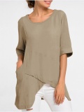 Plus Size Solid Casual Crew Neck Half Sleeve Asymmetric Tunic Blouses