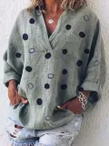 Long Sleeve V Neck Cotton-Blend Patchwork Shirts & Tops