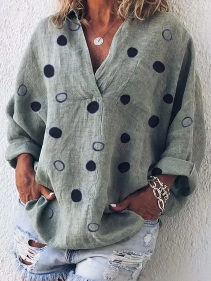 Long Sleeve V Neck Cotton-Blend Patchwork Shirts & Tops