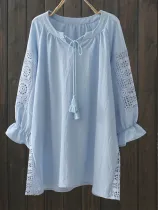 Cotton-Blend 3/4 Sleeve V Neck Solid Shirts & Tops