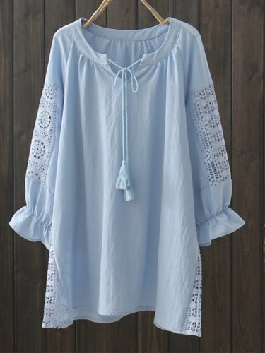 Cotton-Blend 3/4 Sleeve V Neck Solid Shirts & Tops