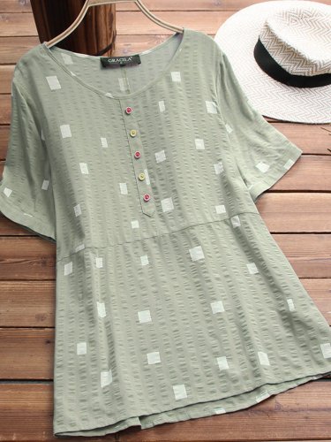 Short Sleeve Cotton-Blend Round Neck Sweet Shirts & Tops