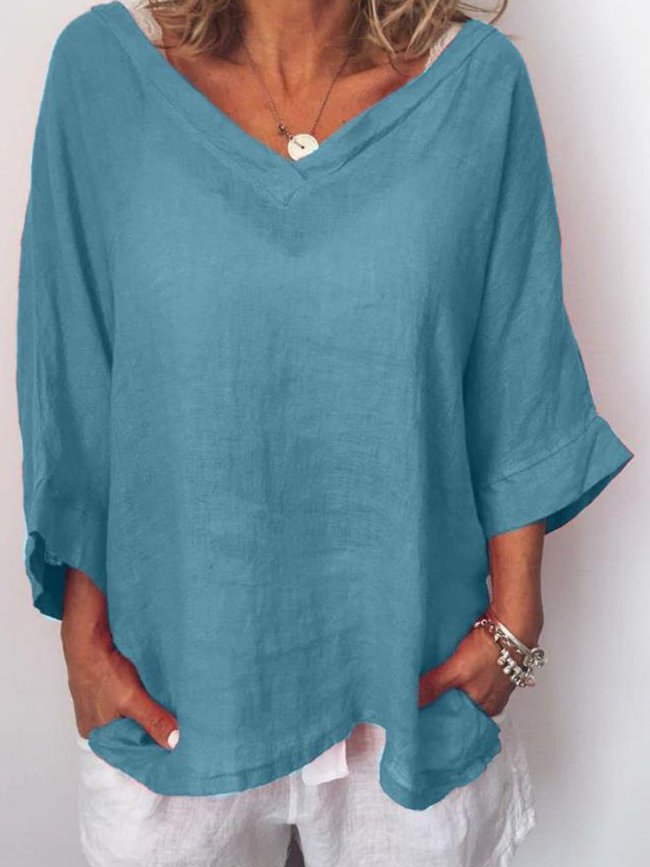 Women V Neck Thin Summer Linen Plus Size Casual Long Sleeve Solid Tops