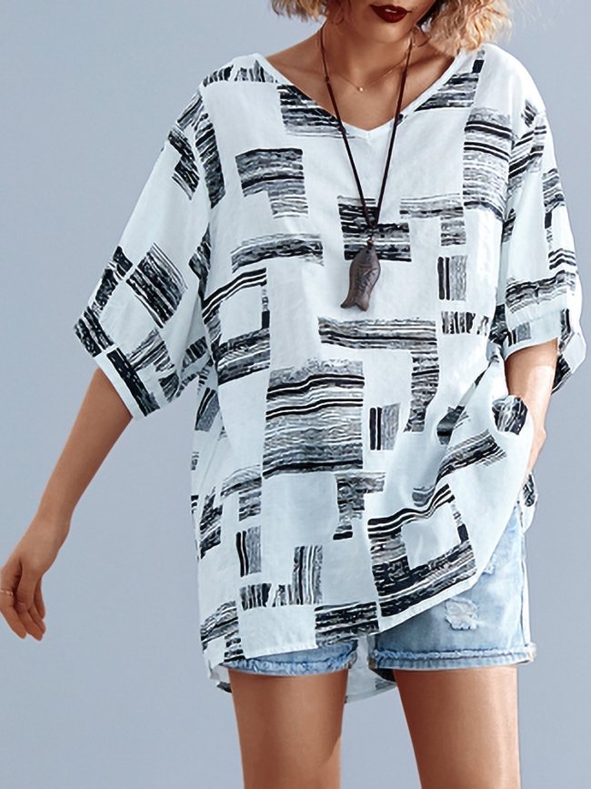 Plus Size Women Short Sleeve V Neck Vintage Floral Casual Tops