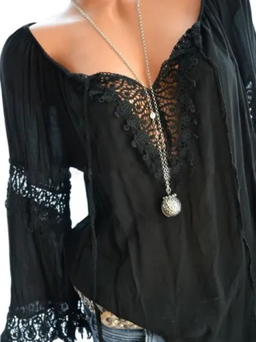V Neck Casual Long Sleeve Cutout Paneled Lace Blouses