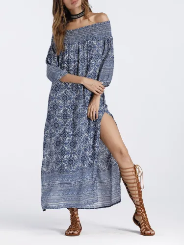 Blue Off Shoulder Casual Dress