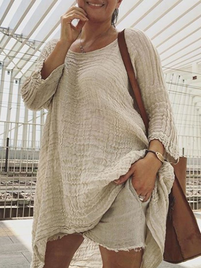 Round Neck Linen Solid Casual Shirts & Tops