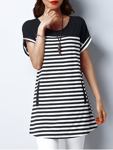 Plus Size Women Short  Sleeve  Round Neck  Striped  Casual  Tops