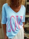 Casual V Neck Floral Letter Shirts & Tops