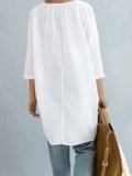 Plus Size Women Solid Front Button With Gray Sling Tops Loose Casual Midi Cotton Shirt
