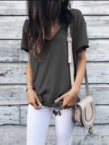 Casual Short Sleeve V Neck Solid Shirts
