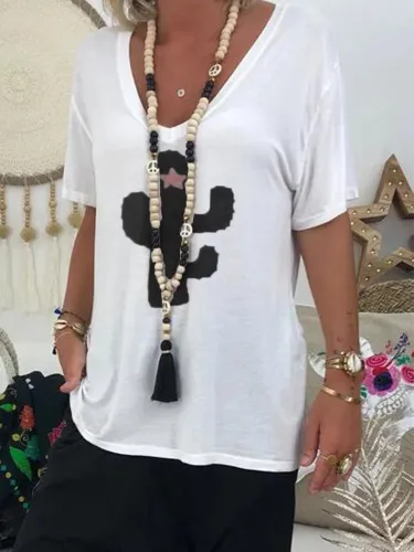 White Short Sleeve V Neck Cotton-Blend Shirts & Tops