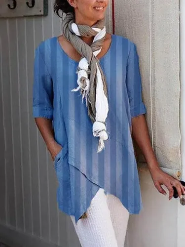 Casual Striped Asymmetrical Shirts & Tops