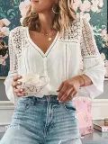 White Casual V Neck 3/4 Sleeve Shift Shirts & Tops
