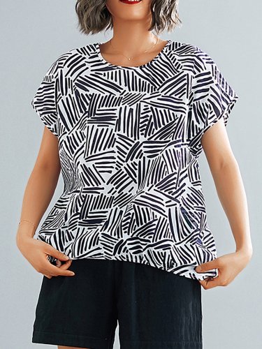 Plus Size Women Short Sleeve  Round Neck  Striped  Floral  Loose Casual  Tops