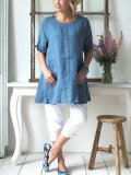 Women Linen Causal Tops Solid Crew Neck Short Sleeve Simple Blouse