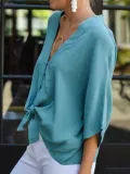 Women Blouses Knot Front V-Neck 3/4 Sleeves Buttoned Tops
