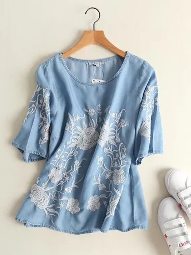 Women Casual Embroidered Tops Tunic Blouse Shirt