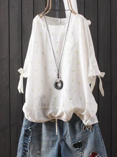Cotton-Blend Short Sleeve Floral Casual Shirts & Tops