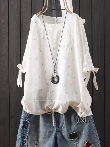 Cotton-Blend Short Sleeve Floral Casual Shirts & Tops