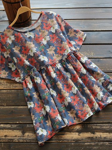 Casual Crew Neck Floral Shirts & Tops