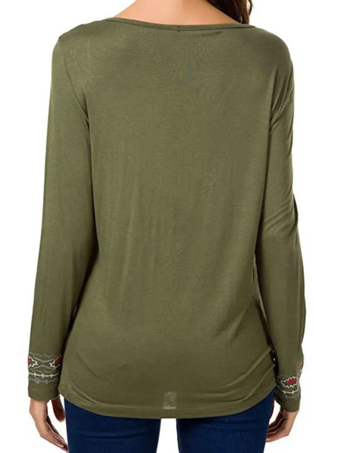 Basic V neck Embroidered Plus Size Cotton-blend T-Shirt