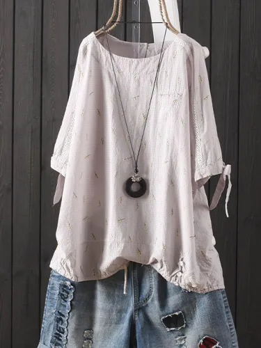 Cotton-Blend Short Sleeve Floral Casual Shirts & Tops