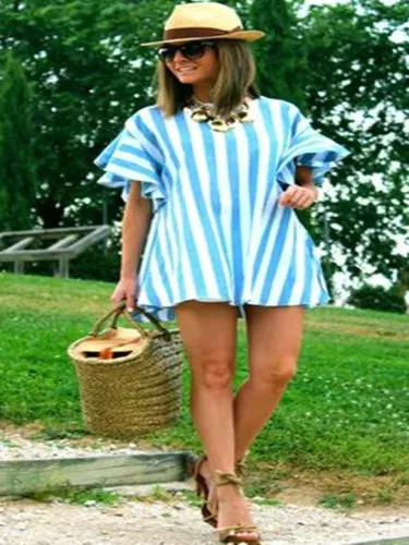 Blue Striped Cotton-Blend Round Neck Short Sleeve Shirts