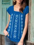 Gray Blue Short Sleeve Cotton-Blend Patchwork Shirts & Tops