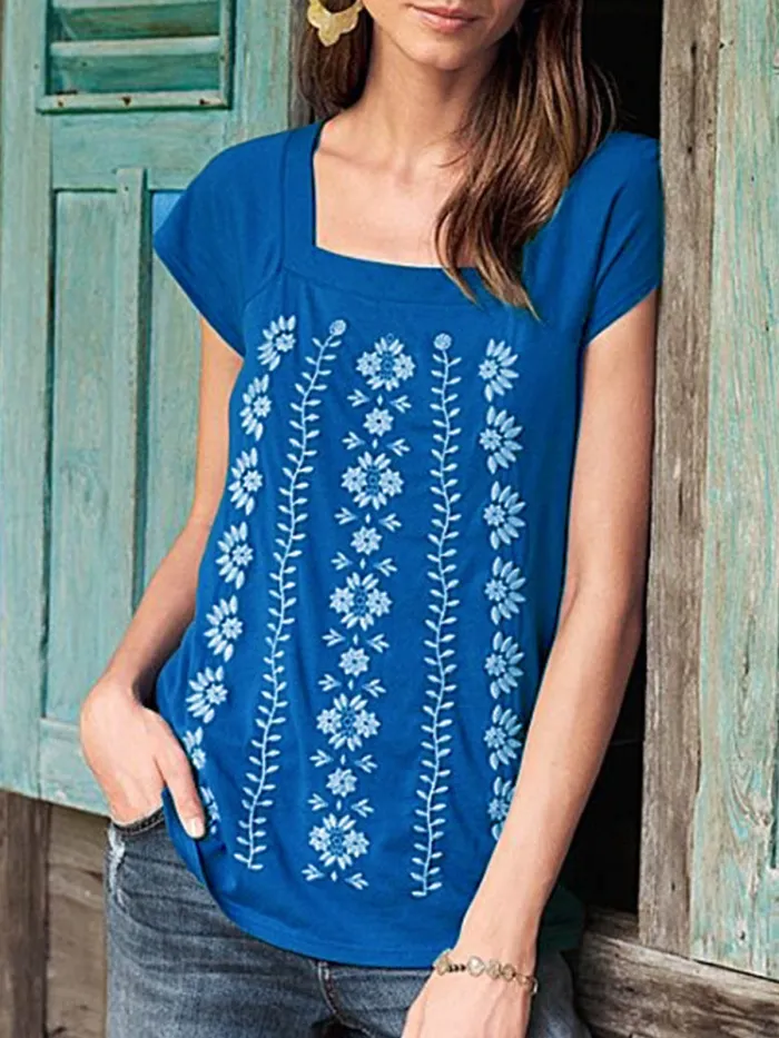 Gray Blue Short Sleeve Cotton-Blend Patchwork Shirts & Tops