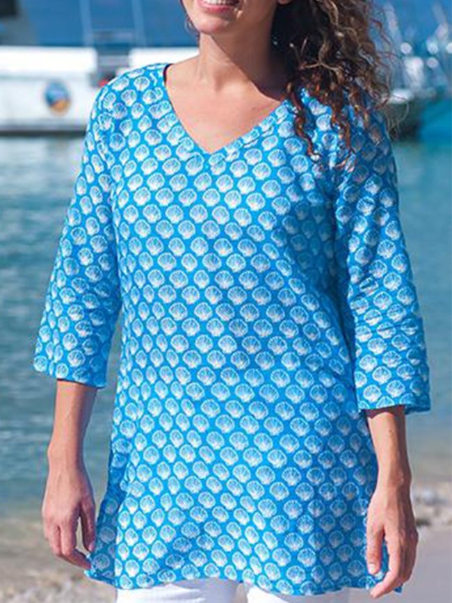 Plus Size Casual V Neck 3/4 Sleeve Shirts & Tops