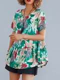 Plus Size Women Short  Sleeve  Round Neck   Leaf  Floral  Casual  Tops