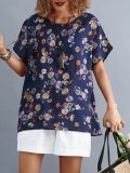 Plus Size Women Short Sleeve Round Neck Vintage Floral Casual Tops