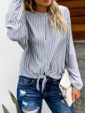 Blue Crew Neck Striped Casual Blouse
