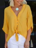 Women Blouses Knot Front V-Neck 3/4 Sleeves Buttoned Tops