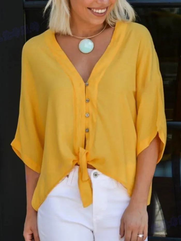 Women Blouses Knot Front V-Neck 3/4 Sleeves Buttoned Tops