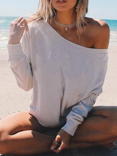 White One Shoulder Casual Long Sleeve Shirts & Tops