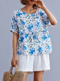 Romantic Floral Short Sleeves Round Neck Loose Casual Tops