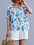 Romantic Floral Short Sleeves Round Neck Loose Casual Tops