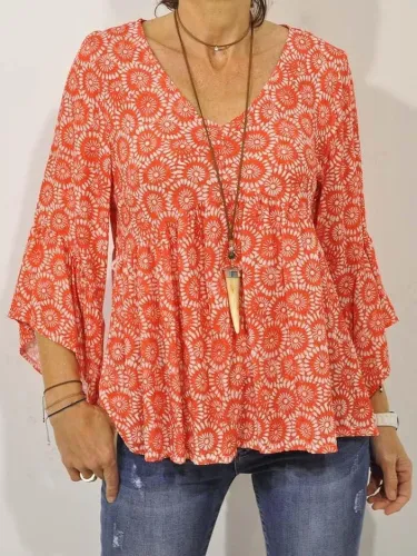 Plus Size V Neck Casual 3/4 Sleeve Printed Tops