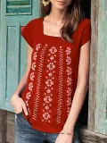 Gray Blue Short Sleeve Cotton-Blend Patchwork Shirts & Tops