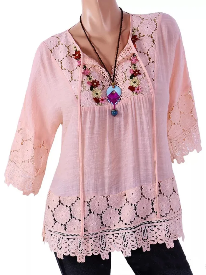 Women Casual Loose Lace Cutout Tops Tunic Blouse Shirt