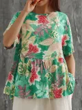 Plus Size Women Plaid Cotton And Linen Short Sleeve Loose Casual Tops