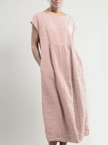 Women Casual Dress Crew Neck Shift Daily Cotton Pockets Dresses