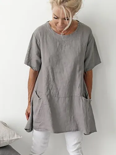 Short Sleeve Crew Neck Pockets Shirts Daily Plus Size Tops