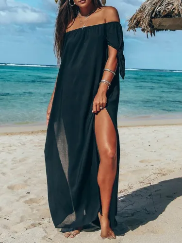 Off Shoulder Solid Boho Slit Short Sleeve Maxi Dress