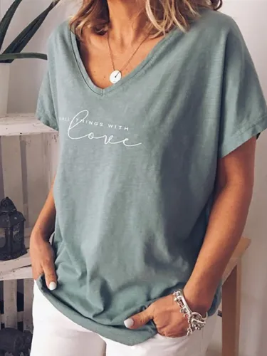 Gray Blue Short Sleeve Letter Casual Shirts & Tops