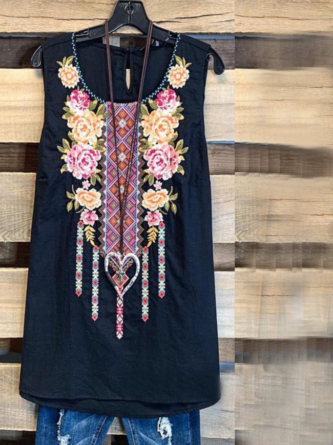 Sleeveless Floral-Embroidered Shirts & Tops