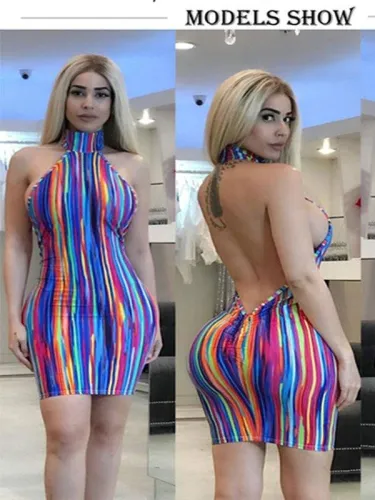 Rainbow Multicolor Stripes Crew Neck Beach Holiday Dress