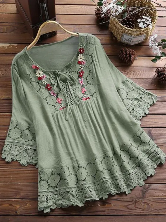 Women Casual Loose Lace Cutout Tops Tunic Blouse Shirt